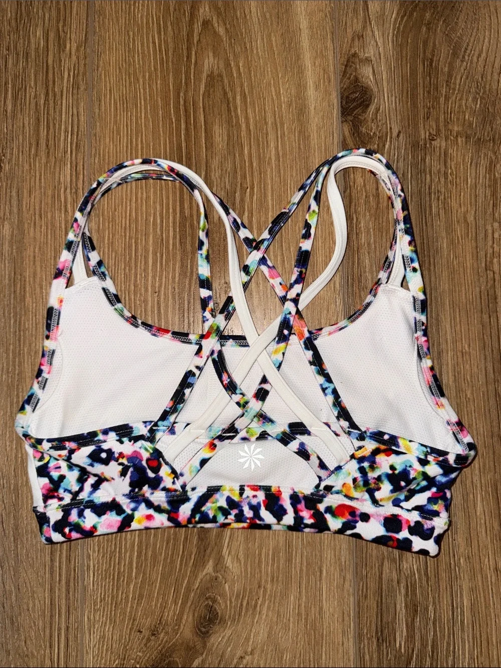 Athleta White Strappy Sports Bra with Multicolor Floral Trim